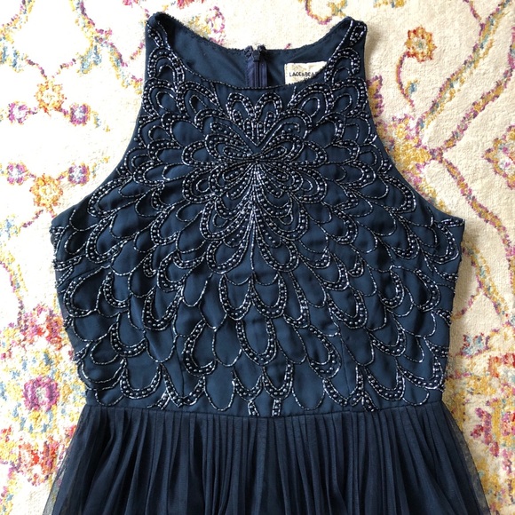 Lace & Beads Navy Sequined Mesh Skater Dress - Picture 2 of 5